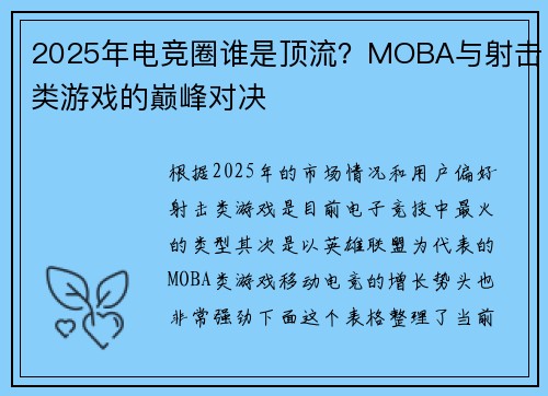 2025年电竞圈谁是顶流？MOBA与射击类游戏的巅峰对决