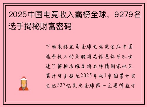2025中国电竞收入霸榜全球，9279名选手揭秘财富密码